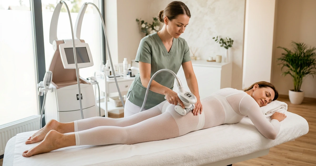 Аппаратный LPG-массаж тела в салоне Massage Batumi — проработка бёдер роликовой манипулой в специальном костюме