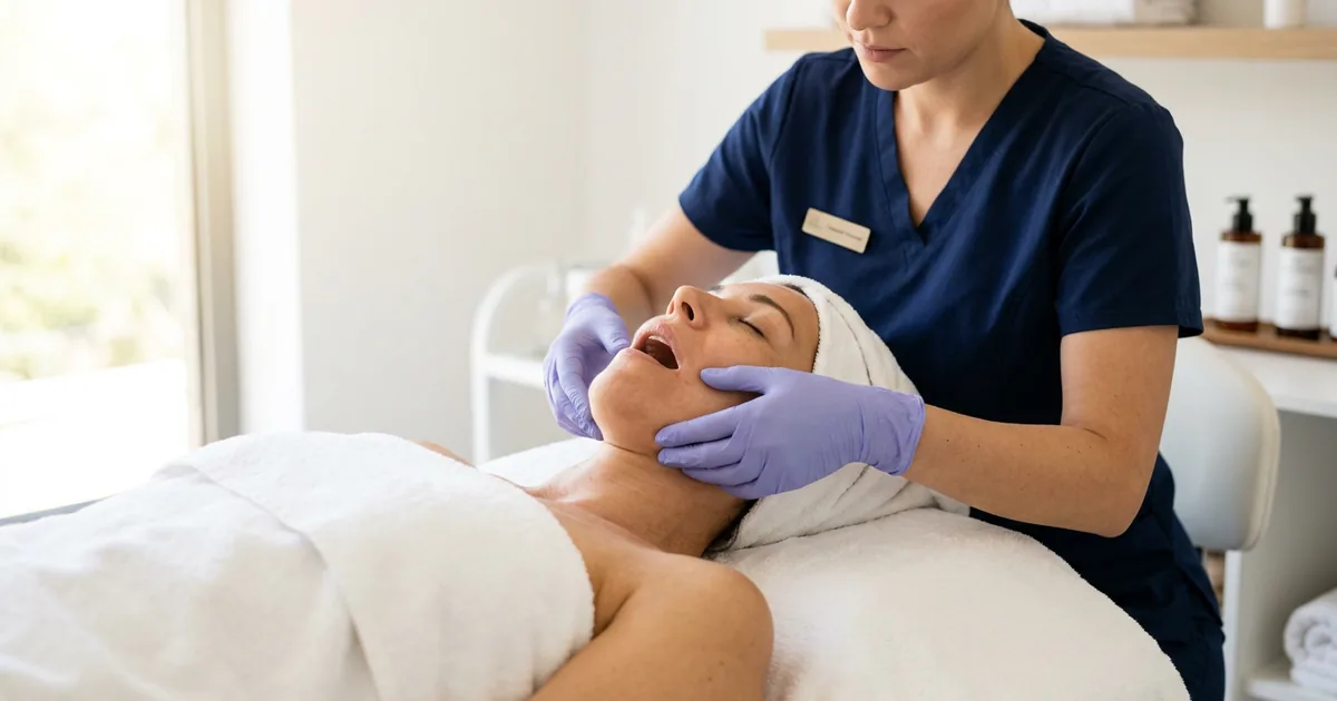 Буккальный массаж лица в салоне Massage Batumi — мастер в перчатках прорабатывает щёчные мышцы клиентки