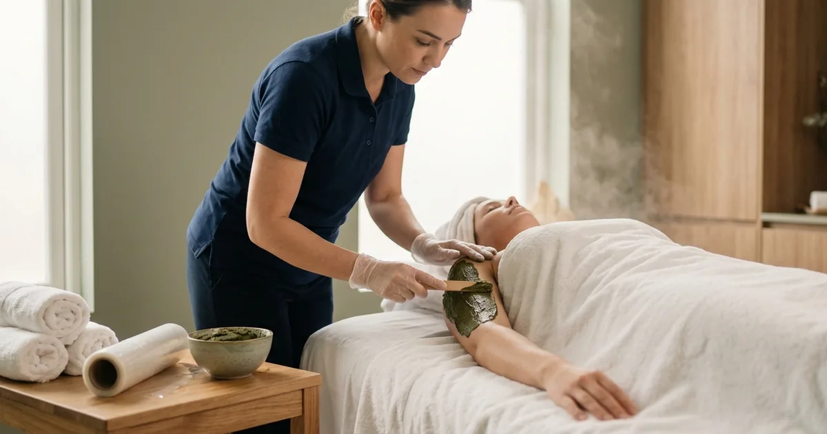 Горячее обёртывание тела в SPA-салоне Батуми — нанесение тёплого водорослевого состава перед термоплёнкой
