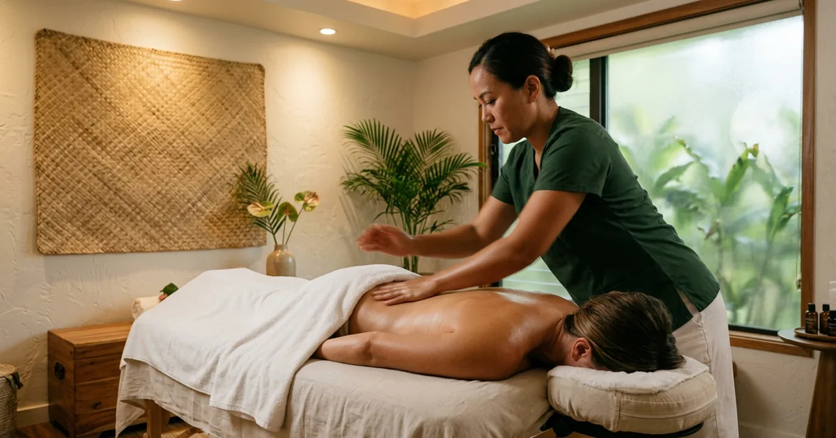 Гавайский массаж Ломи-ломи в салоне Massage Batumi — плавные движения предплечьями с маслом