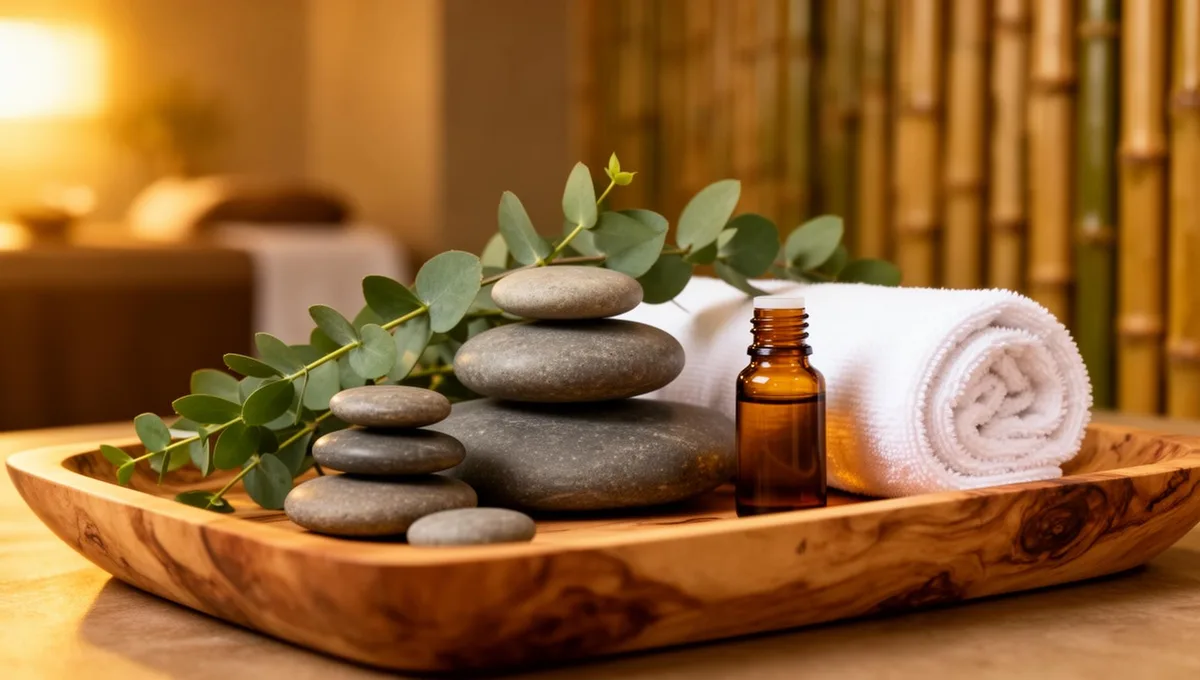 Спа-композиция для массажа — камни, эвкалипт, масло и полотенце на деревянном подносе в массажном салоне Батуми