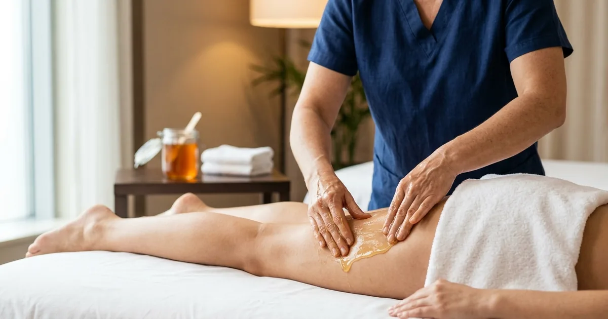 Медовый антицеллюлитный массаж бёдер в салоне Massage Batumi — техника прилипания и отлипания ладоней с натуральным мёдом