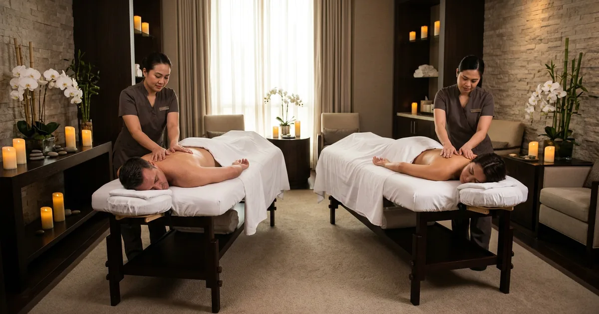 Парный массаж для двоих в салоне Massage Batumi — два массажных стола рядом в одном SPA-кабинете