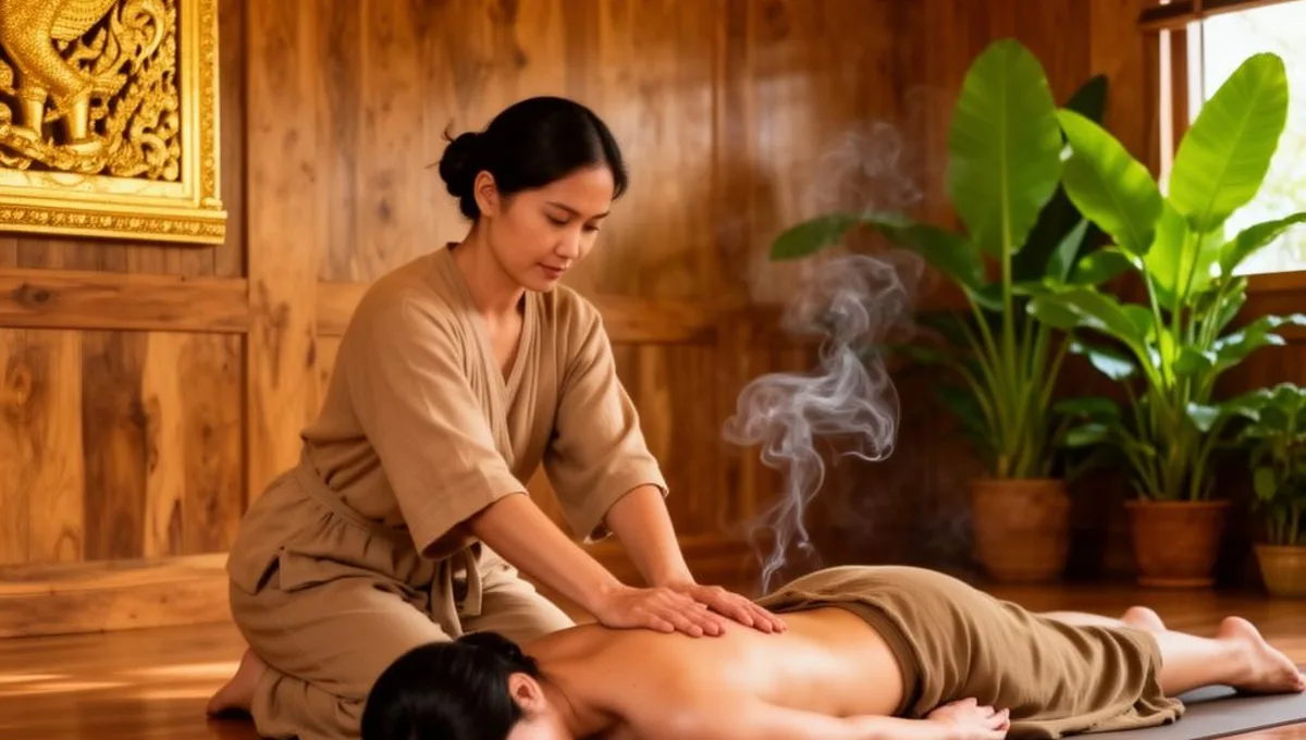 Тайский массаж — мастер выполняет технику растяжки и акупрессуры на полу в массажном салоне