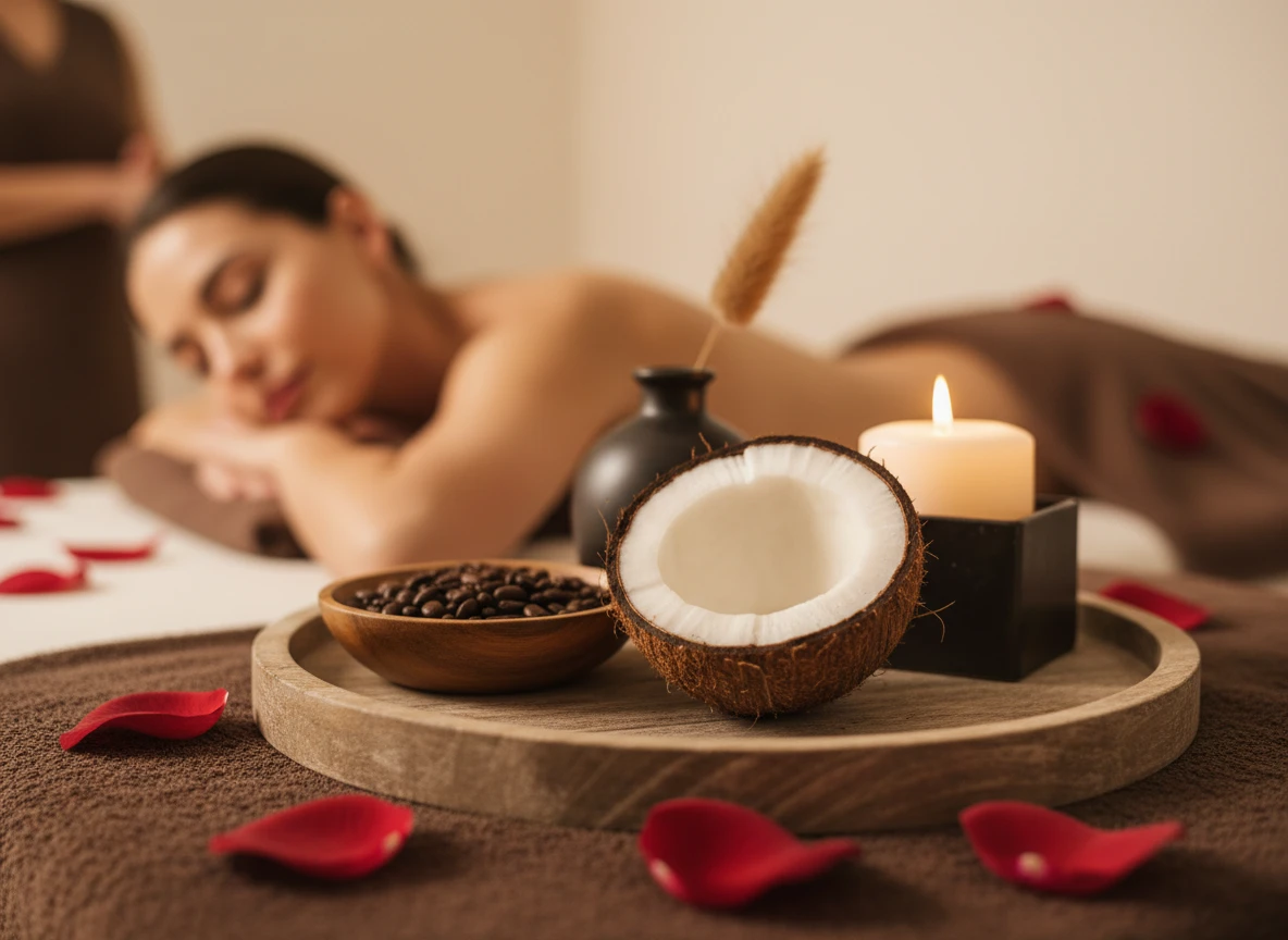 Кокосовый скраб для тела в SPA-салоне Батуми — пилинг натуральным кокосовым маслом для гладкой кожи — массаж в Батуми, Massage Batumi